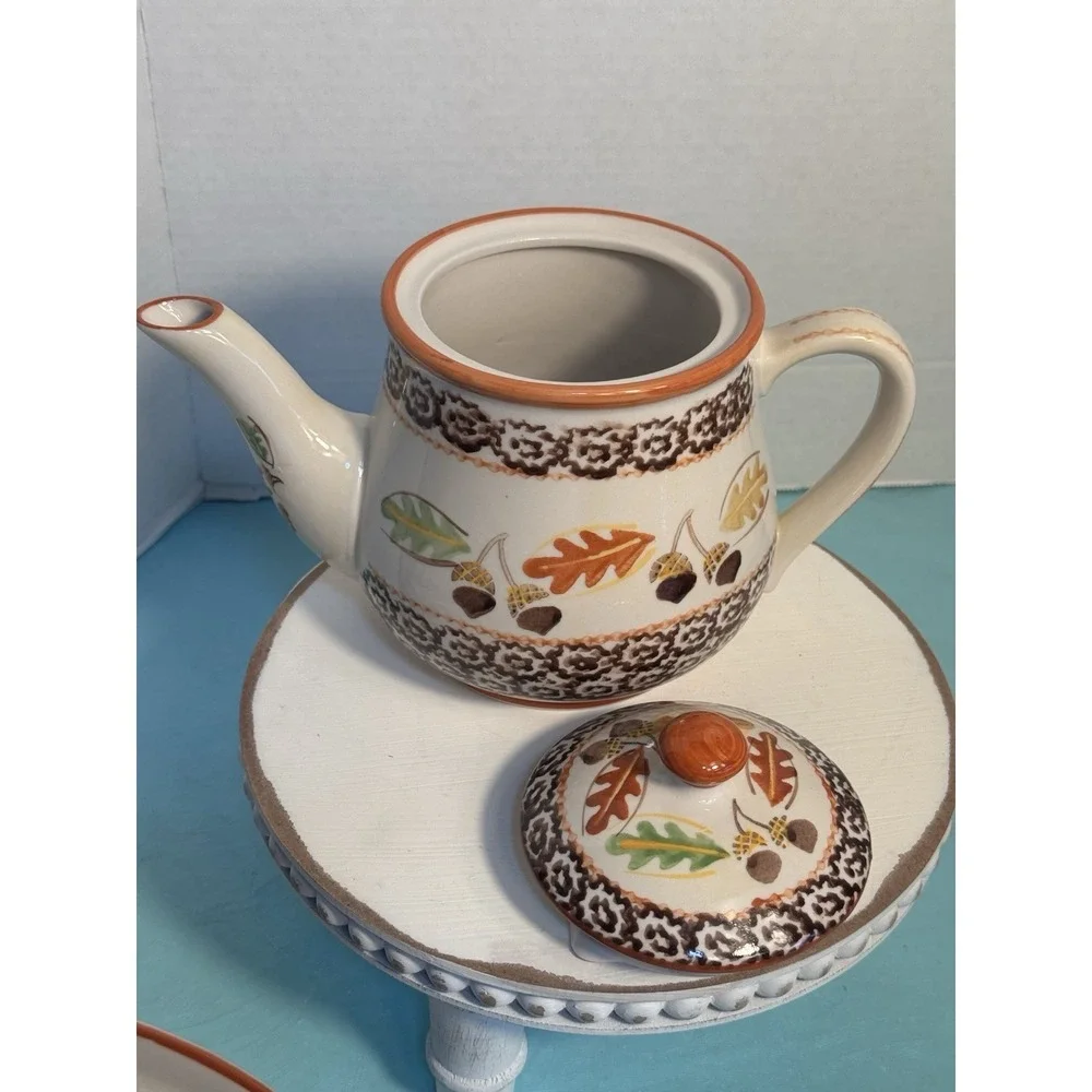Temp-tations Old World Autumn Tea Serving Set With‎ Tray Fall Leaves Acorns. 6pc